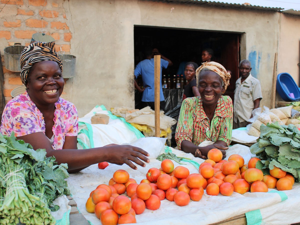 Two market traders laughing together behind a stall of tomatoes and fresh greens